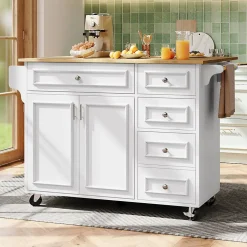 URBAN MEUBLE Desserte de cuisine mobile blanche plateau pliant extensible