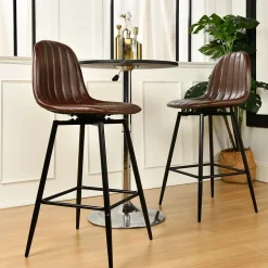 URBAN MEUBLE Lot de 2 tabourets de bar pivotants en PU marron capitonnée style vintage 67Hcm