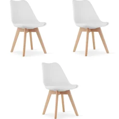 Valora RIKX Chaises blanches avec coussin et pieds en bois x3