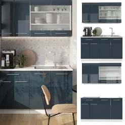 Vicco Armoires de cuisine bleu foncé brillant/blanc 140cm , PT Chêne