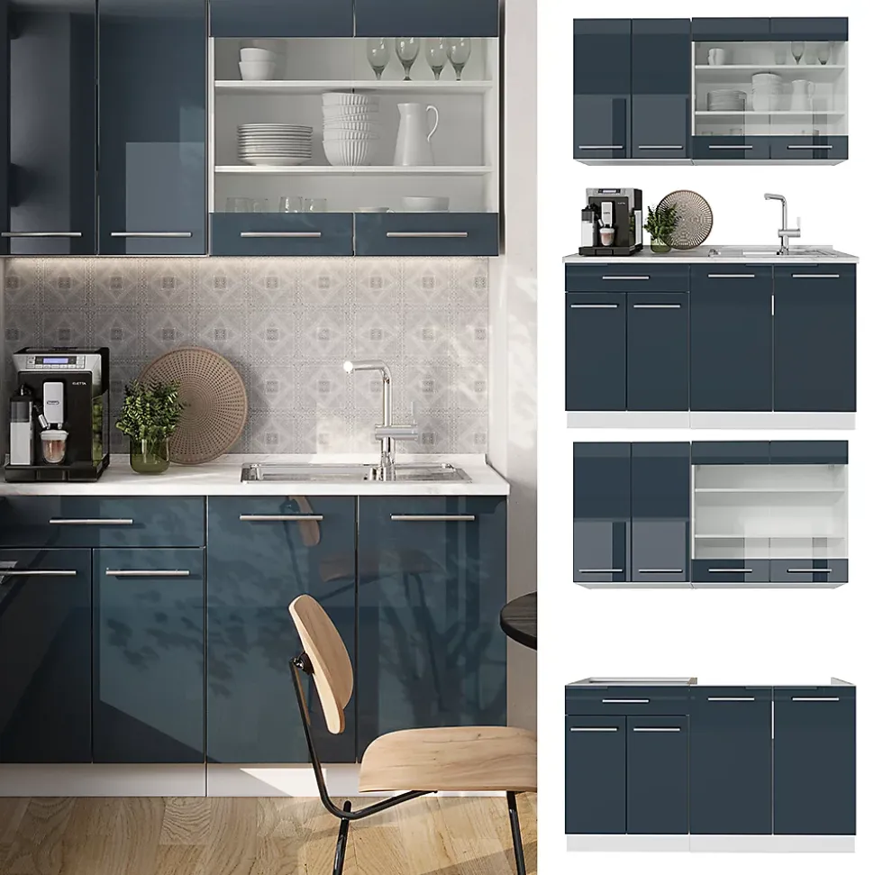 Vicco Armoires de cuisine bleu foncé brillant/blanc 140cm , PT Chêne