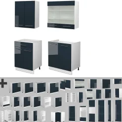 Vicco Armoires de cuisine bleu foncé brillant/blanc 140cm , PT Chêne