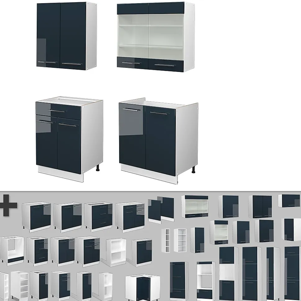 Vicco Armoires de cuisine bleu foncé brillant/blanc 140cm , PT Chêne