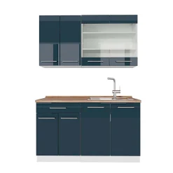 Vicco Armoires de cuisine bleu foncé brillant/blanc 140cm , PT Chêne