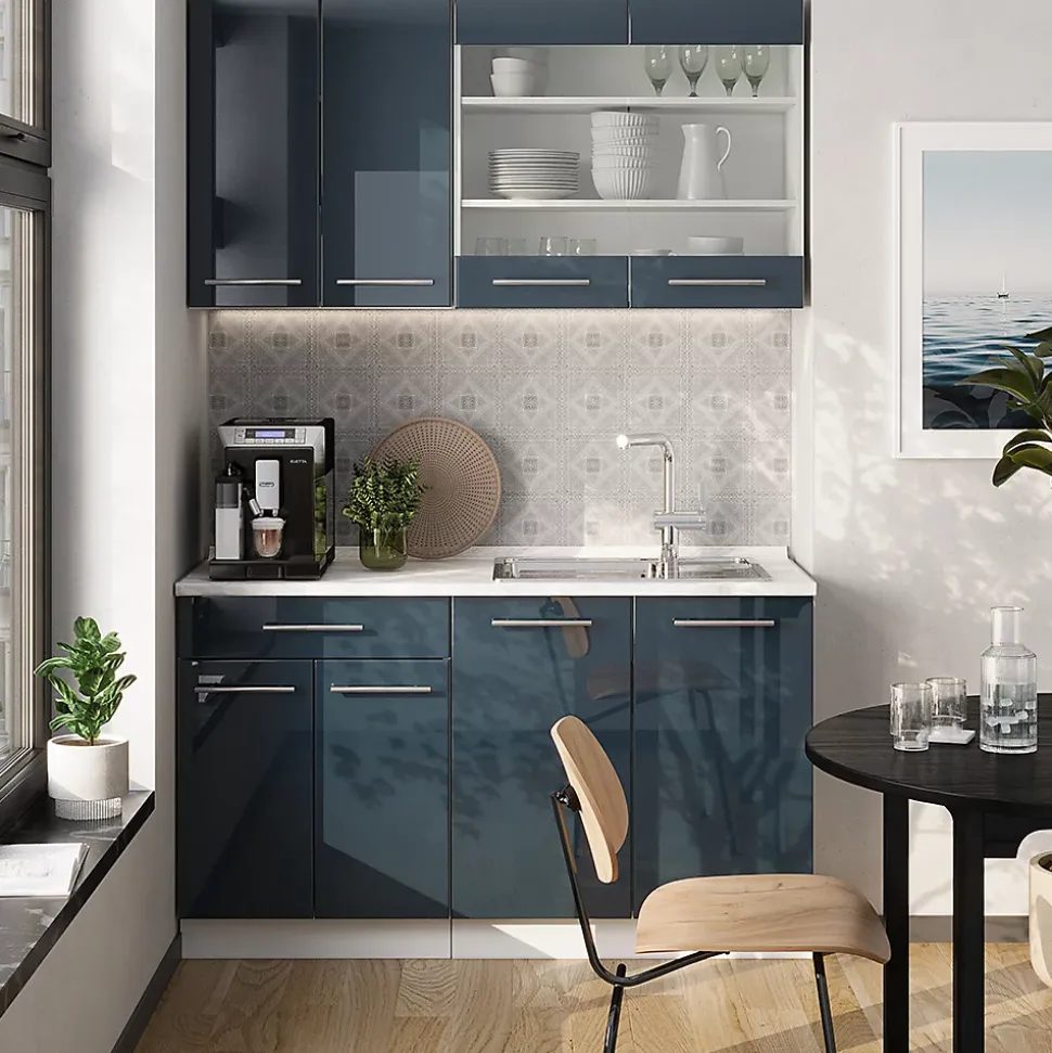 Vicco Armoires de cuisine bleu foncé brillant/blanc 140cm , PT Chêne