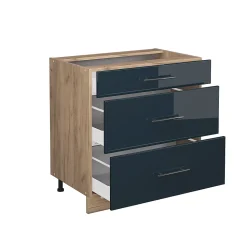 Vicco Armoires de cuisine Bleu foncé brillant 80cm avec 3 tiroirs, sans PT