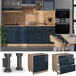 Vicco Armoires de cuisine Bleu foncé brillant 80cm avec 3 tiroirs, sans PT