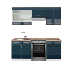 Vicco Armoires de cuisine bleu foncé brillant/blanc 200cm , PT Chêne