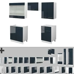 Vicco Armoires de cuisine bleu foncé brillant/blanc 200cm , PT Chêne