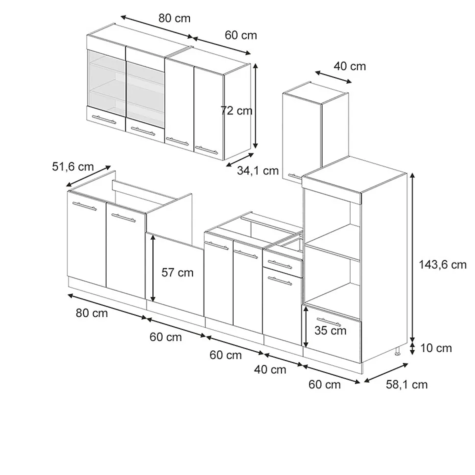 Vicco Armoires de cuisine bleu foncé brillant/chêne doré 300cm avec armoire haute, sans PT