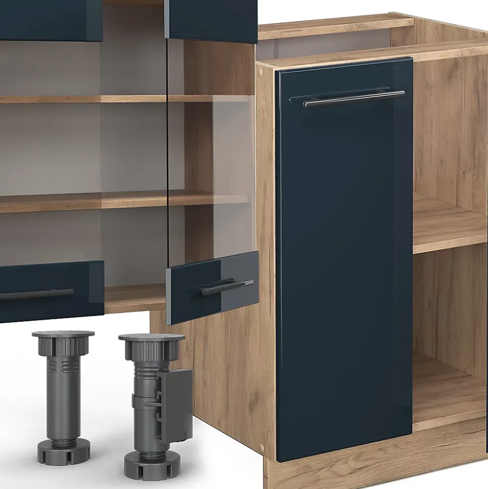 Vicco Armoires de cuisine bleu foncé brillant/chêne doré 300cm avec armoire haute, sans PT