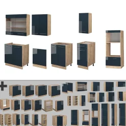 Vicco Armoires de cuisine bleu foncé brillant/chêne doré 300cm avec armoire haute, sans PT