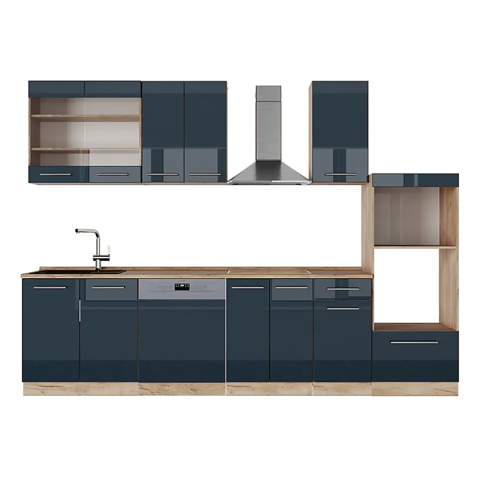 Vicco Armoires de cuisine bleu foncé brillant/chêne doré 300cm avec armoire haute, sans PT