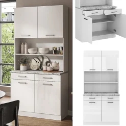 Vicco Bloc cuisine Blanc Haute brillance 100cm , PT Marbre