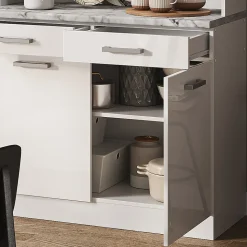 Vicco Bloc cuisine Blanc Haute brillance 100cm , PT Marbre