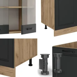 Vicco Cuisine Anthracite Campagne/Chêne doré 300cm avec armoire haute, PT Chêne