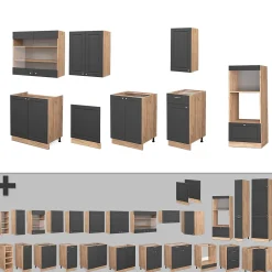 Vicco Cuisine Anthracite Campagne/Chêne doré 300cm avec armoire haute, PT Chêne