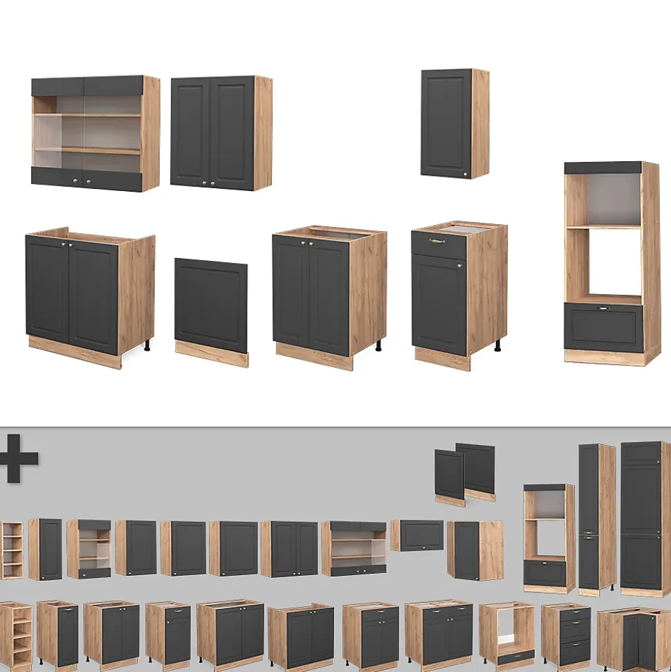 Vicco Cuisine Anthracite Campagne/Chêne doré 300cm avec armoire haute, PT Chêne