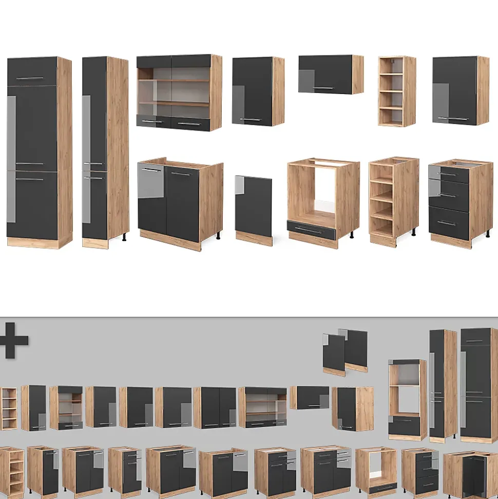 Vicco Cuisine Anthracite brillant/Chêne doré 355cm sans PT