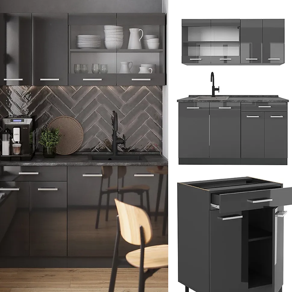 Vicco Cuisine Anthracite brillant/anthracite 140cm , PT Chêne