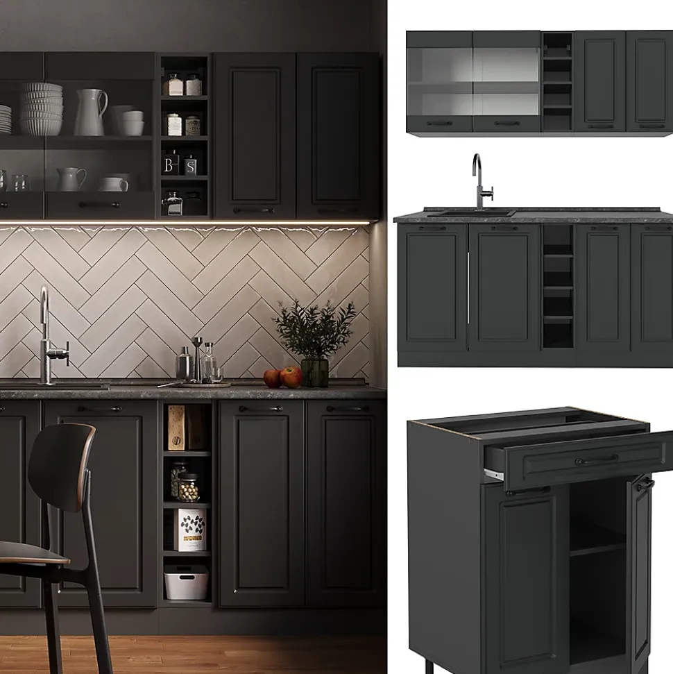 Vicco Cuisine Anthracite maison de campagne/anthracite 160cm , PT Chêne