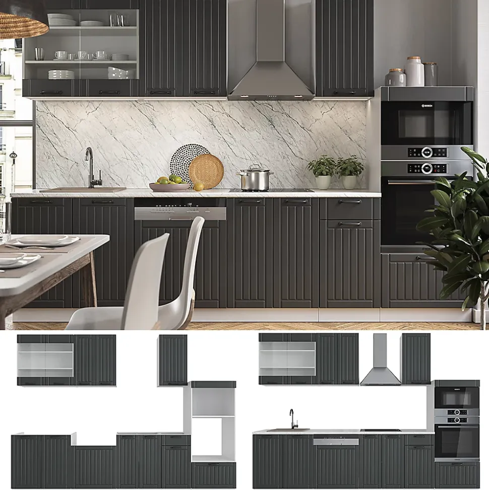 Vicco Cuisine Anthracite maison de campagne/blanc 300cm avec armoire haute, PT Chêne