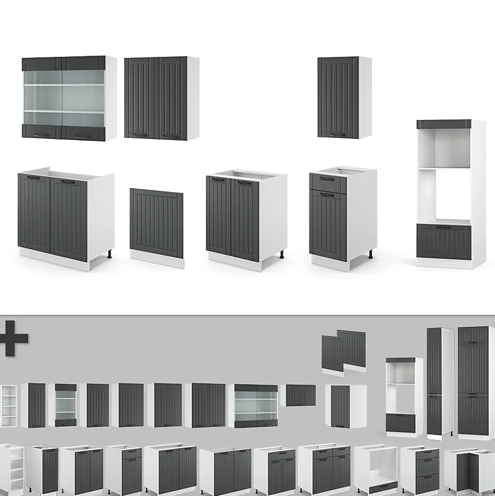 Vicco Cuisine Anthracite maison de campagne/blanc 300cm avec armoire haute, PT Chêne