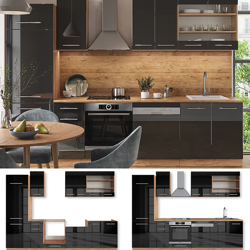 Vicco Cuisine Anthracite brillant/Chêne doré 300cm sans PT