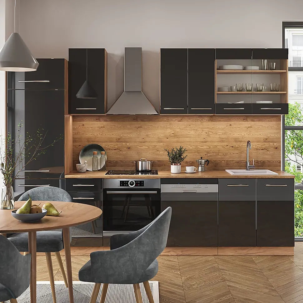 Vicco Cuisine Anthracite brillant/Chêne doré 300cm sans PT