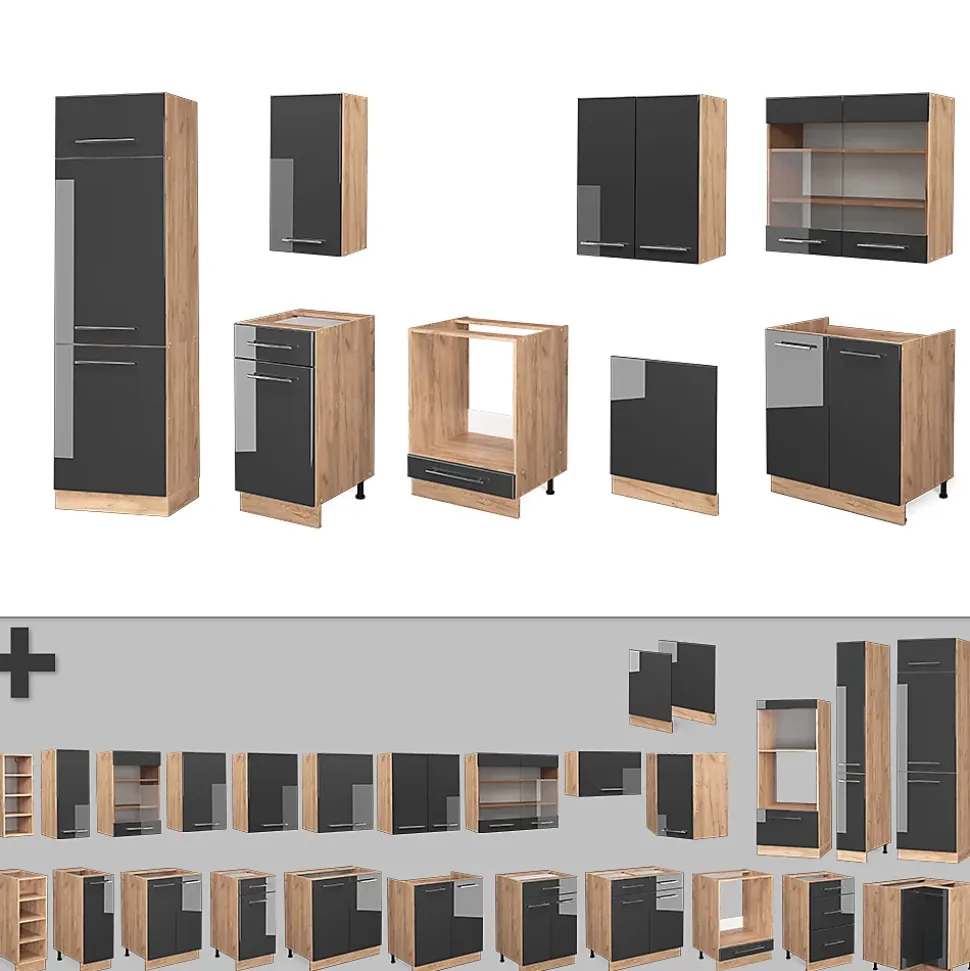 Vicco Cuisine Anthracite brillant/Chêne doré 300cm sans PT