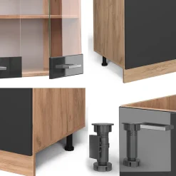 Vicco Cuisine Anthracite brillant/Chêne doré 300cm avec armoire haute, PT Chêne