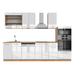 Vicco Cuisine Blanc brillant/Chêne doré 300cm avec armoire haute, sans PT