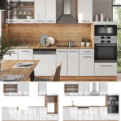 Vicco Cuisine Blanc brillant/Chêne doré 300cm avec armoire haute, sans PT