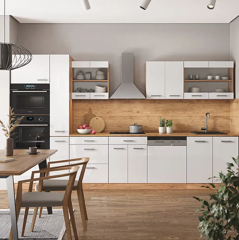 Vicco Cuisine Blanc brillant/Chêne doré 350cm avec armoire haute, sans PT