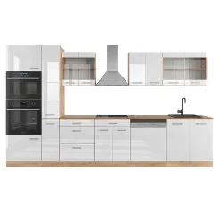 Vicco Cuisine Blanc brillant/Chêne doré 350cm avec armoire haute, sans PT