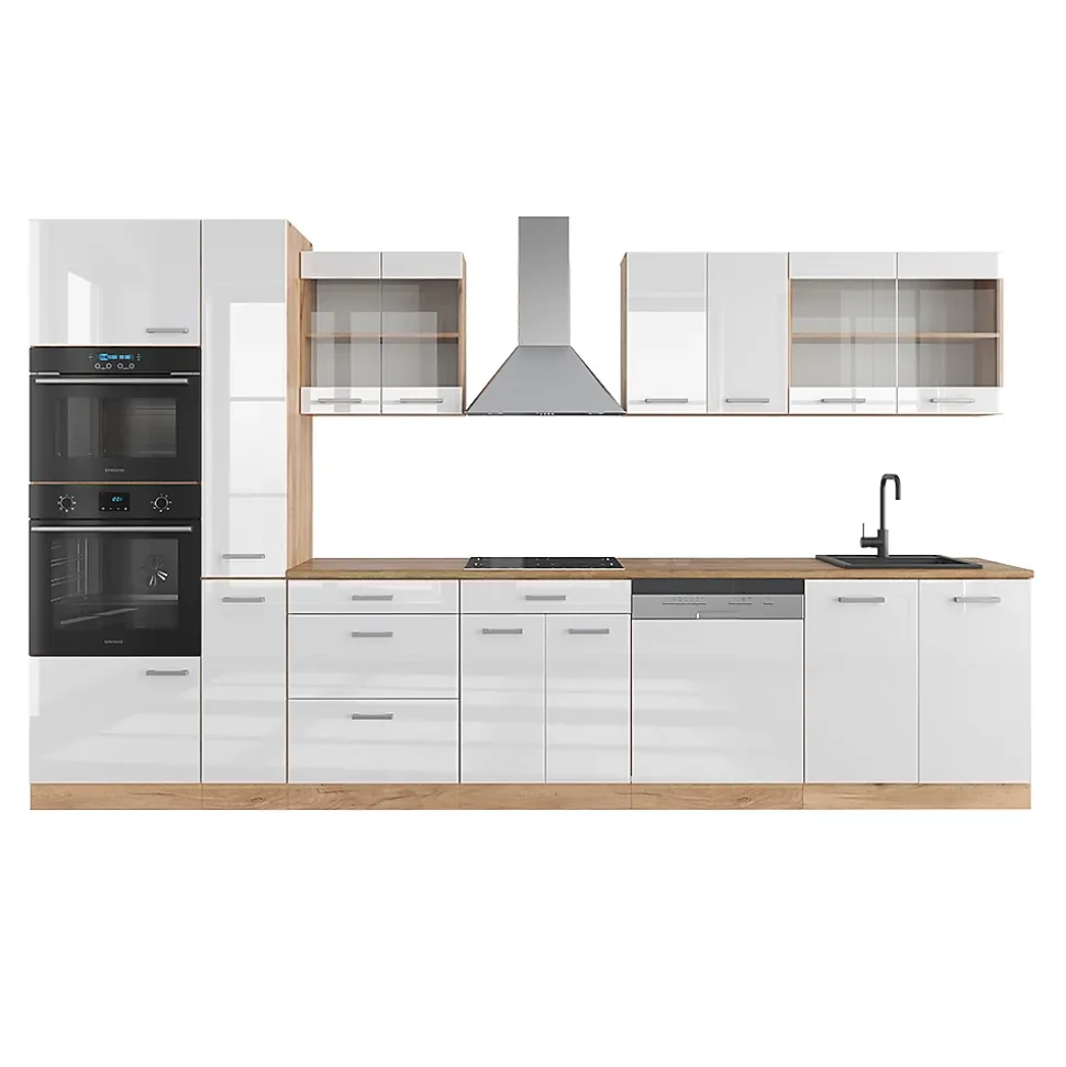 Vicco Cuisine Blanc brillant/Chêne doré 350cm avec armoire haute, sans PT
