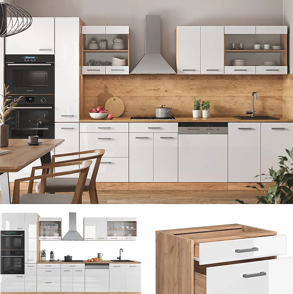 Vicco Cuisine Blanc brillant/Chêne doré 350cm avec armoire haute, sans PT