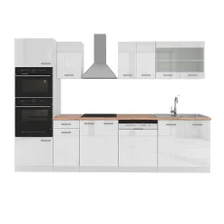Vicco Cuisine blanc brillant/blanc 300cm avec armoire haute, PT Chêne
