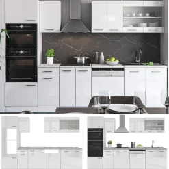 Vicco Cuisine blanc brillant/blanc 300cm avec armoire haute, PT Chêne