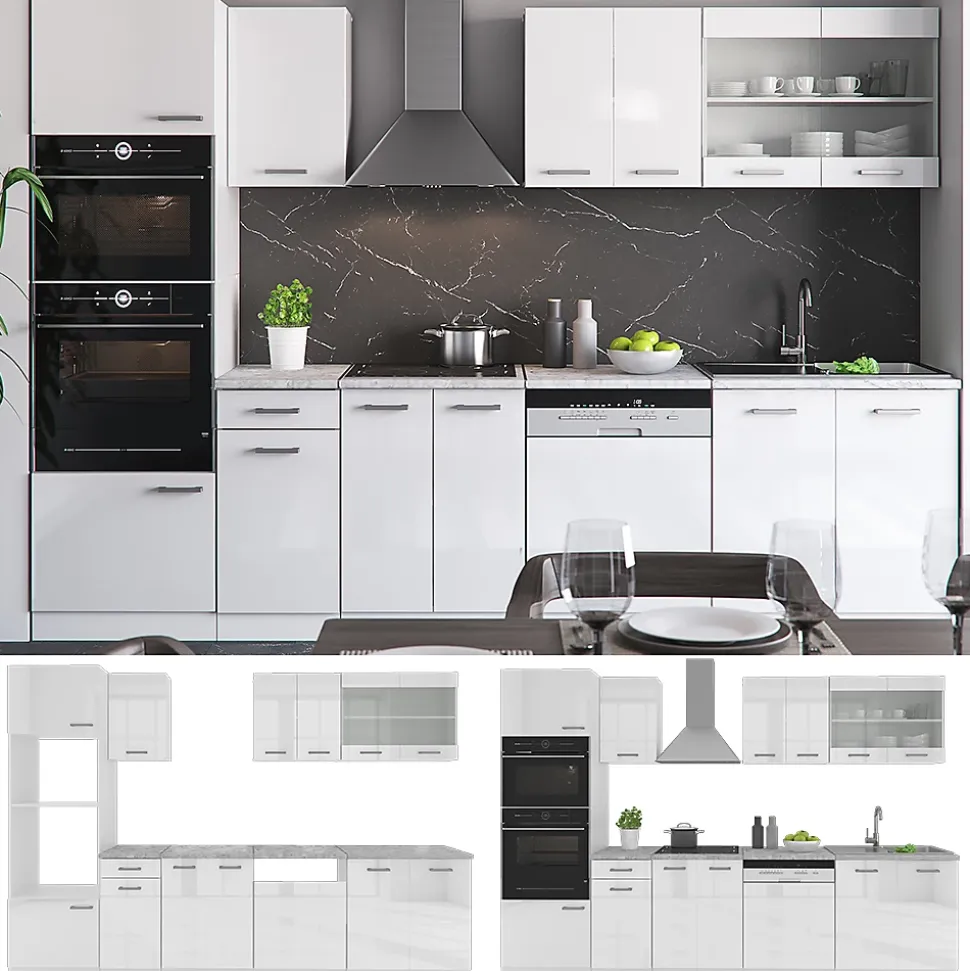 Vicco Cuisine blanc brillant/blanc 300cm avec armoire haute, PT Chêne