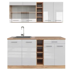 Vicco Cuisine Blanc brillant/Chêne doré 160cm , PT Chêne