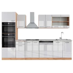 Vicco Cuisine Blanc brillant/Chêne doré 300cm avec armoire haute, PT Marbre