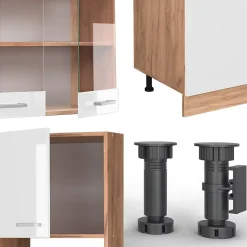 Vicco Cuisine Blanc brillant/Chêne doré 300cm avec armoire haute, PT Marbre