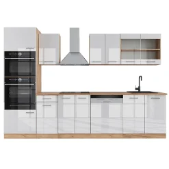Vicco Cuisine Blanc brillant/Chêne doré 300cm avec armoire haute, PT Chêne