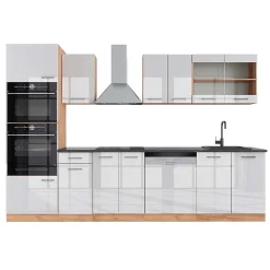 Vicco Cuisine Blanc brillant/Chêne doré 300cm avec armoire haute, PT Anthracite