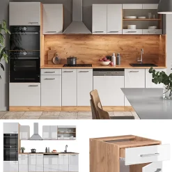 Vicco Cuisine Blanc brillant/Chêne doré 300cm avec armoire haute, PT Anthracite