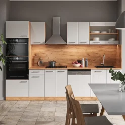 Vicco Cuisine Blanc brillant/Chêne doré 300cm avec armoire haute, PT Anthracite