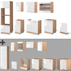 Vicco Cuisine Blanc brillant/Chêne doré 300cm avec armoire haute, PT Anthracite