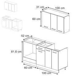 Vicco Cuisine Blanc brillant/Anthracite 160cm avec meuble four encastrable sans PT