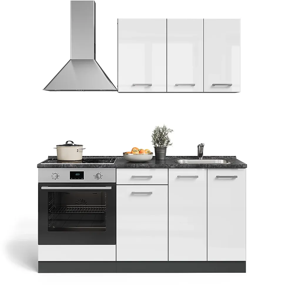 Vicco Cuisine Blanc brillant/Anthracite 160cm avec meuble four encastrable sans PT